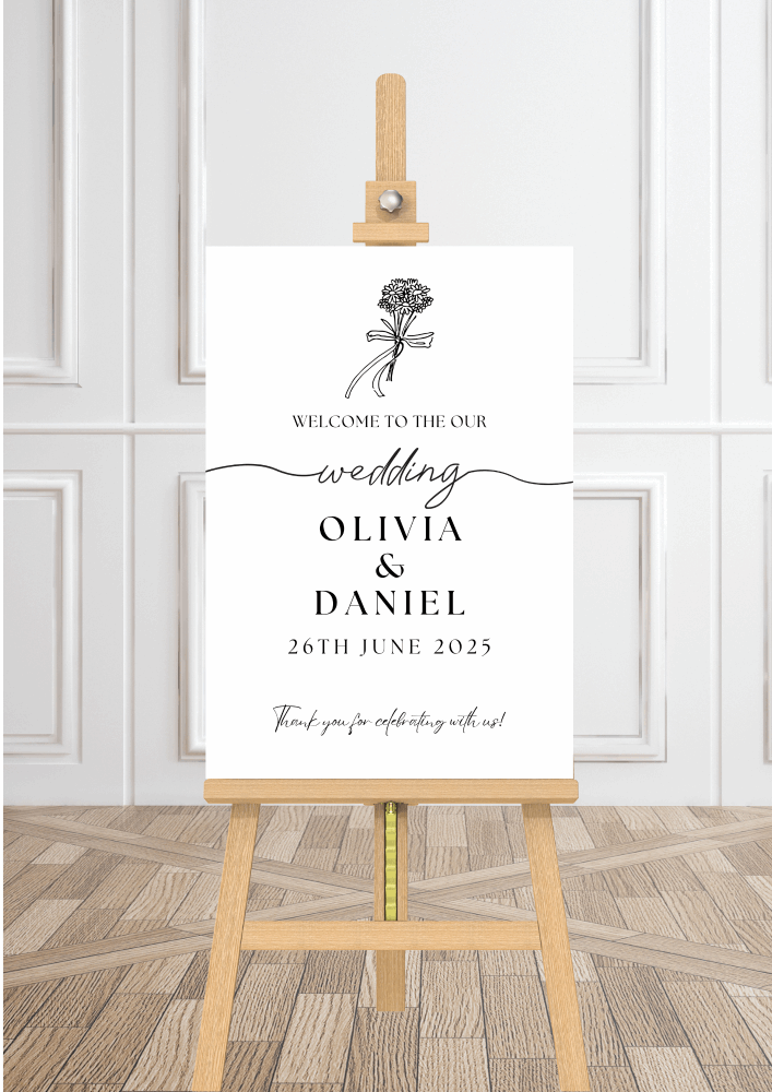 Explore our stunning Black Elegant Minimalist Personalised Wedding welcome sign available in A1, A2, and A3 sizes, crafted from durable Foamex or elegant 600gsm Card.