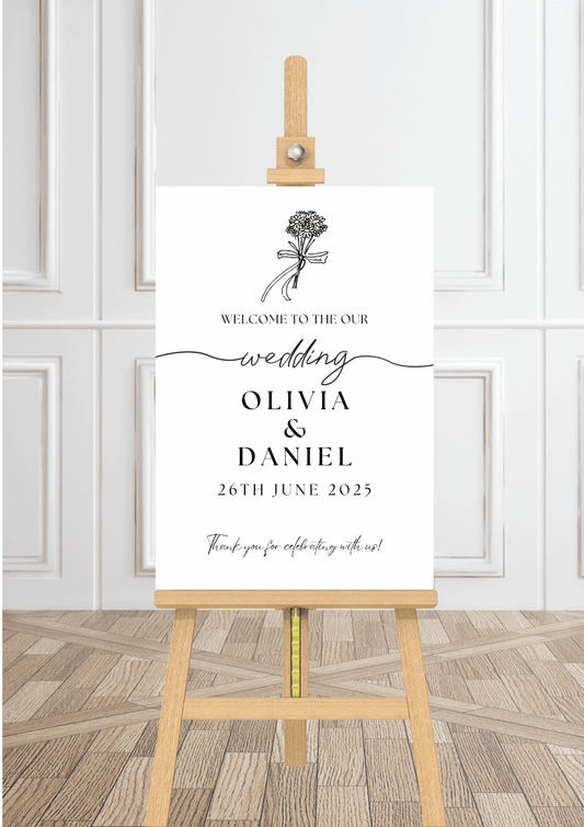 Explore our stunning Black Elegant Minimalist Personalised Wedding welcome sign available in A1, A2, and A3 sizes, crafted from durable Foamex or elegant 600gsm Card.