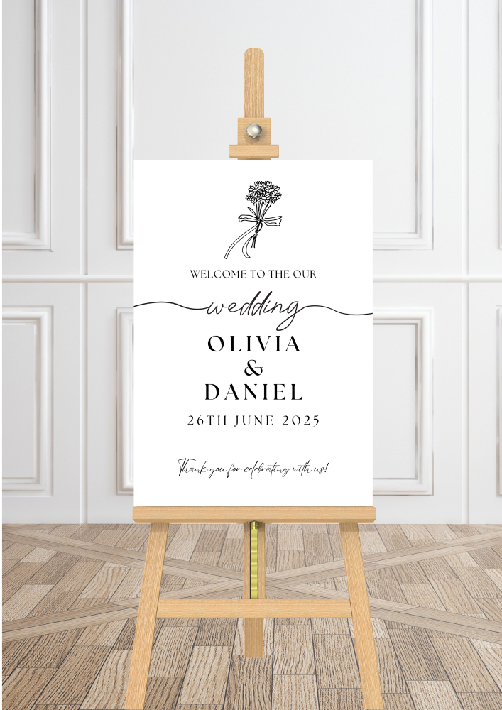 Explore our stunning Black Elegant Minimalist Personalised Wedding welcome sign available in A1, A2, and A3 sizes, crafted from durable Foamex or elegant 600gsm Card.