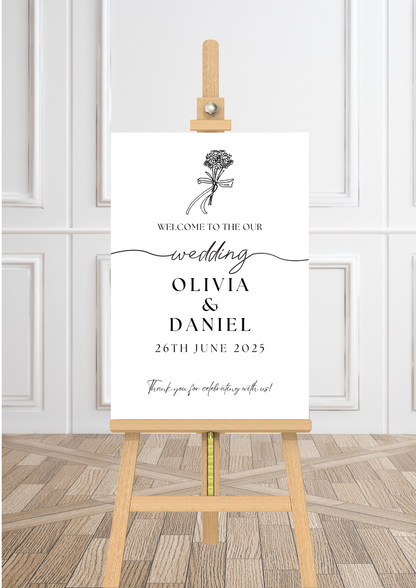 Explore our stunning Black Elegant Minimalist Personalised Wedding welcome sign available in A1, A2, and A3 sizes, crafted from durable Foamex or elegant 600gsm Card.