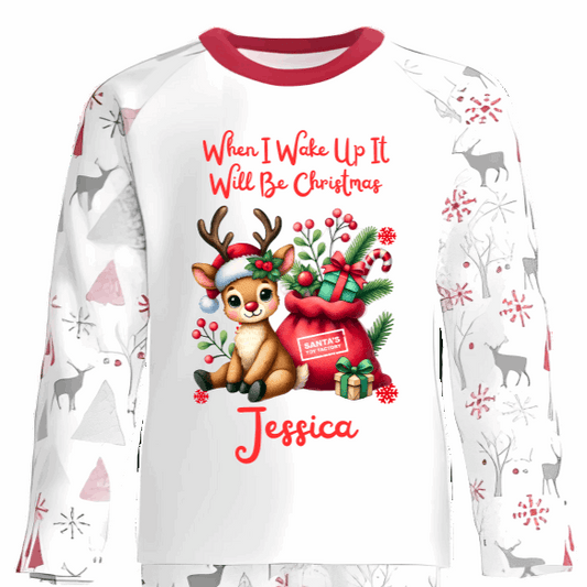 Capture the wonder of Christmas Eve with these cozy personalised pyjamas, adorned with an adorable Sitting Reindeer &amp; Gifts . Printed with the fun phrase “When I Wake Up It Will Be Christmas,” they perfectly wrap the thrill of the countdown in comfy, charming style.