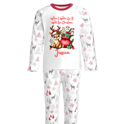 Capture the wonder of Christmas Eve with these cozy personalised pyjamas, adorned with an adorable Sitting Reindeer & Gifts . Printed with the fun phrase “When I Wake Up It Will Be Christmas,” they perfectly wrap the thrill of the countdown in comfy, charming style.