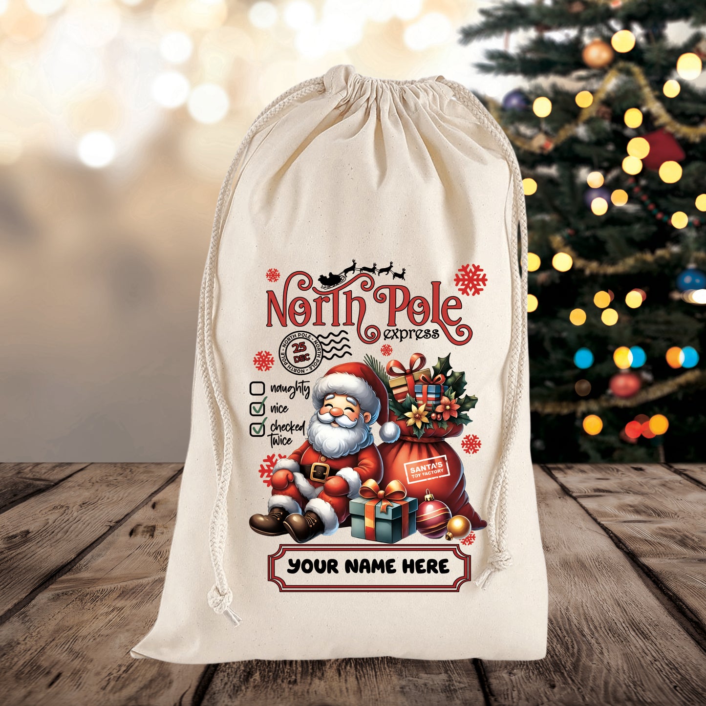 Personalised Santa Themed Christmas Sack – Custom Name Gift Bag for Kids