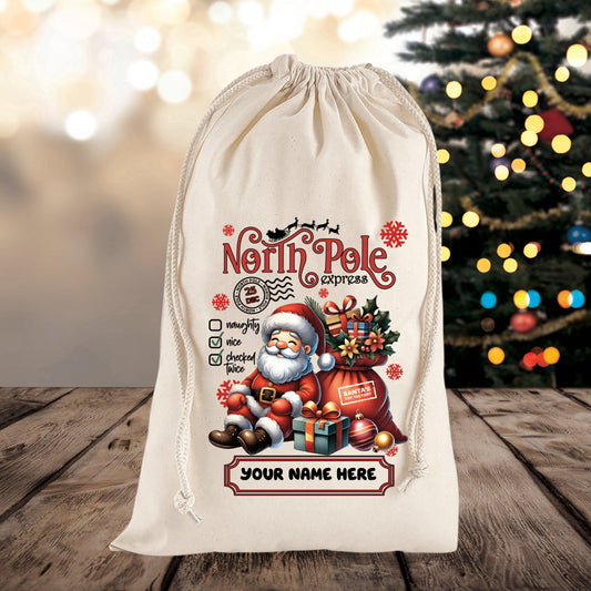 Personalised Santa Themed Christmas Sack – Custom Name Gift Bag for Kids