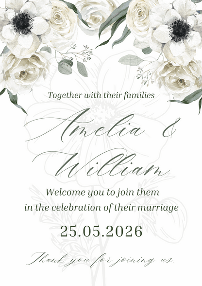 White, Green & Black Anemone Floral Design Wedding Welcome Sign