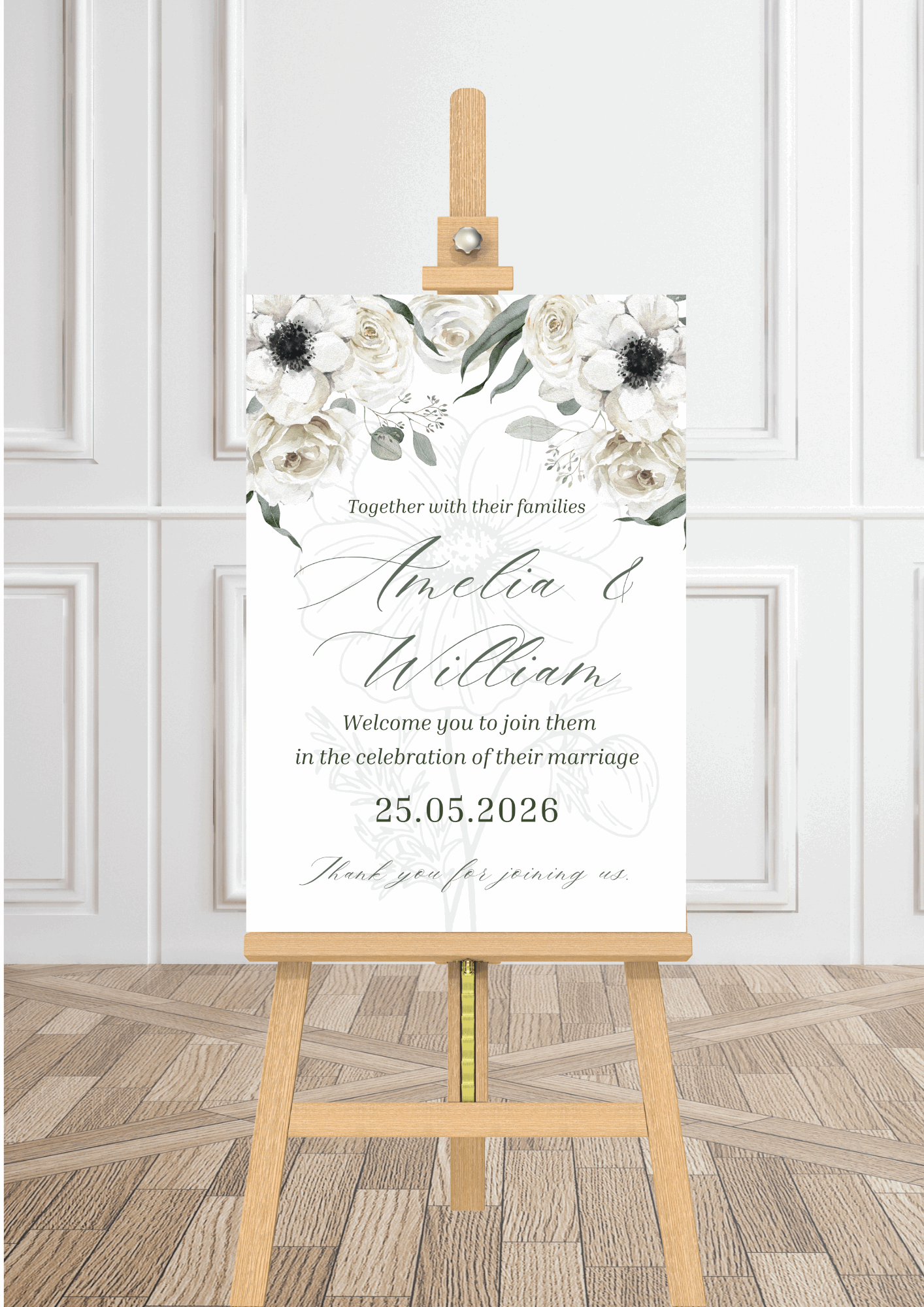 White, Green & Black Anemone Floral Design Wedding Welcome Sign