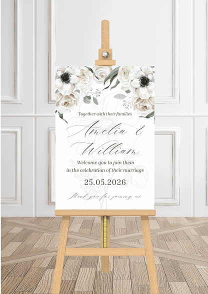 White, Green & Black Anemone Floral Design Wedding Welcome Sign
