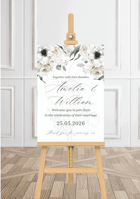 White, Green & Black Anemone Floral Design Wedding Welcome Sign