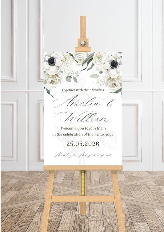 White, Green & Black Anemone Floral Design Wedding Welcome Sign