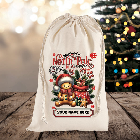 Personalised Gingerbread Man Themed Christmas Sack – Custom Name Gift Bag