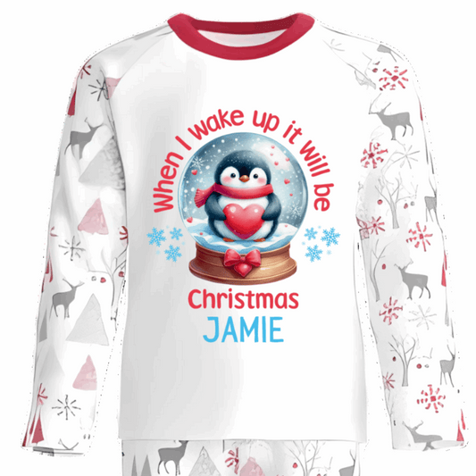 Personalised “When I Wake Up It Will Be Christmas” Pyjamas (Penguin, Snow Globe Design)