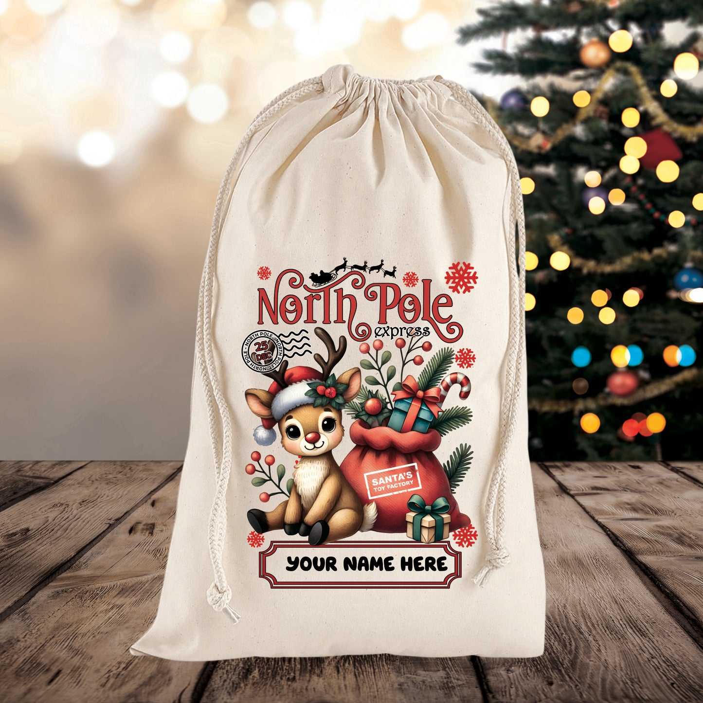 Personalised Reindeer Themed Christmas Sack – Custom Name Gift Bag