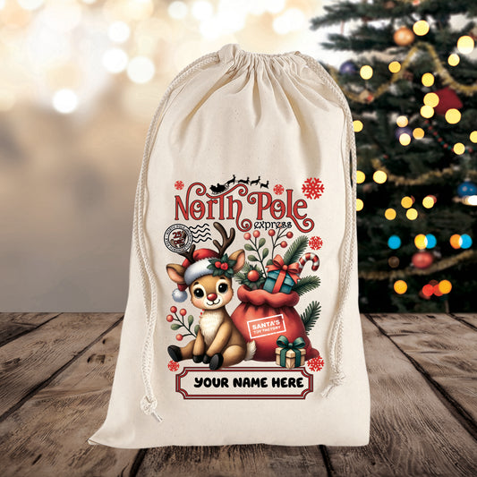 Personalised Reindeer Themed Christmas Sack – Custom Name Gift Bag