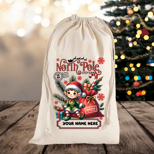 Personalised Elf Themed Christmas Sack – Custom Name Gift Bag