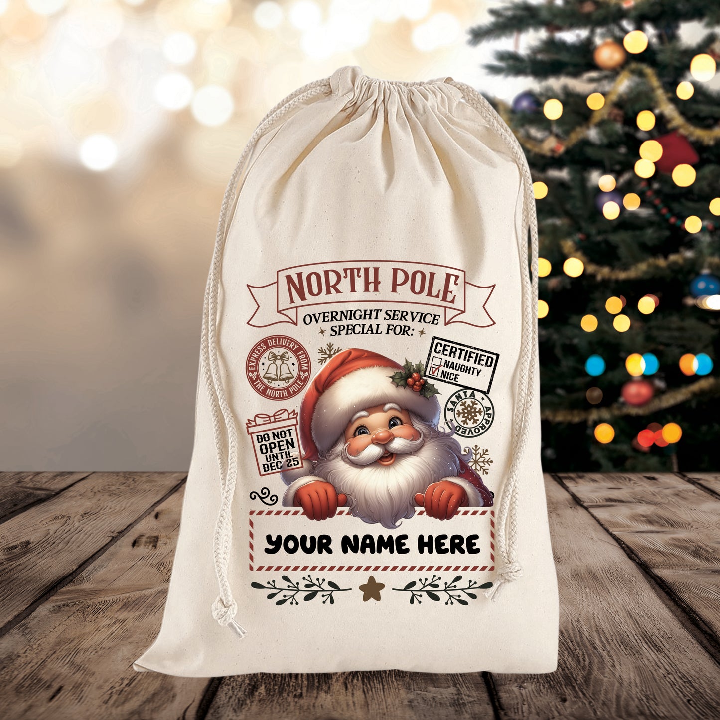 Personalised Peekaboo Santa Themed Christmas Sack – Custom Name Gift Bag
