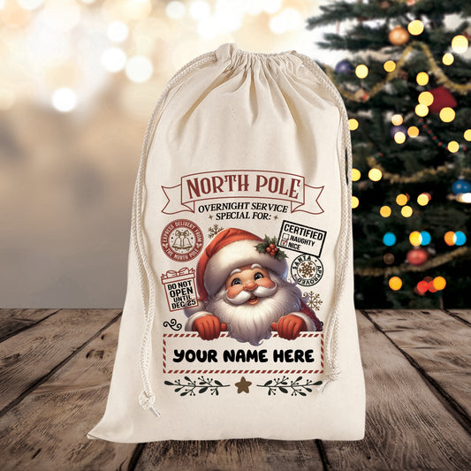 Personalised Peekaboo Santa Themed Christmas Sack – Custom Name Gift Bag