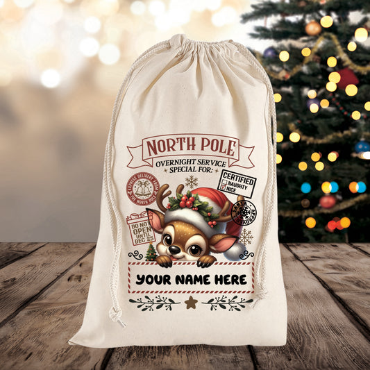 Personalised Peekaboo Reindeer Themed Christmas Sack – Custom Name Gift Bag