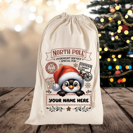 Personalised Peekaboo Penguin Themed Christmas Sack – Custom Name Gift Bag
