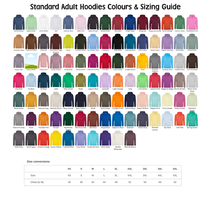 Color chart for standard adult hoodies with size conversions on a white background