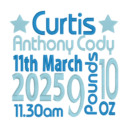 Baby birth announcement with name, date, time, and weight in blue