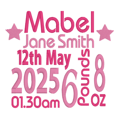 Baby birth announcement with name, date, time, and weight in pink