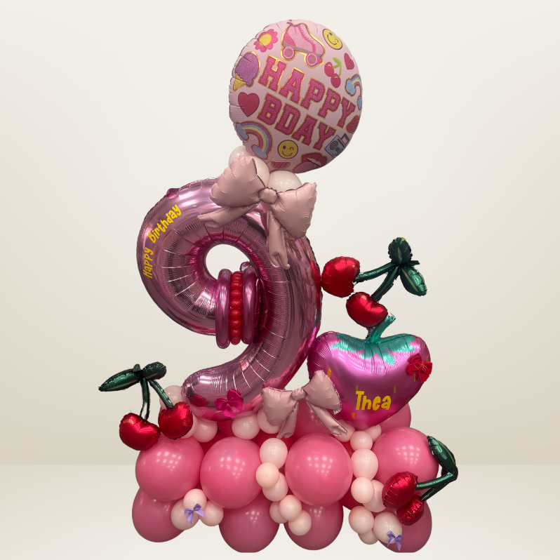 Age 9 balloon marquee/stack in the theme of pre-teen with cherries, hearts all personalised in St Helens, Merseyside