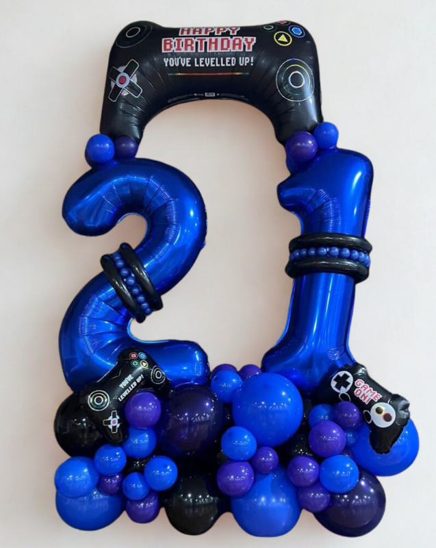 Blue & Purple Balloons, Gamers themed balloon marquee/stack for a 21st Birthday