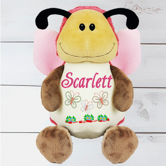 Meet Flutterby the Butterfly our soft and huggable teddy bear has a pink and white body, large decorated wings, brown arms and feet, 2 large black antlers, small black eyes and a big, friendly smile.  Flutterby the Butterfly has a unique zip design which enables you to remove the inside stuffing pods and safely wash in the Machine washable. You can also fill Flutterby with PJs etc and use them for a sleep over.  Flutterby the Butterfly is around 13 Inches in height.