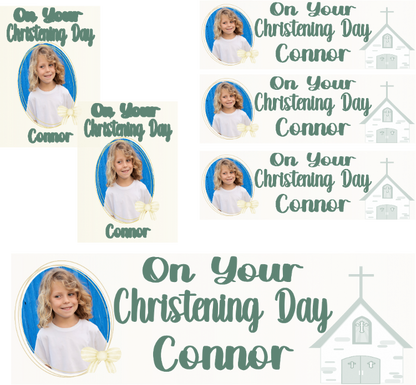 Personalised Christening Photo Banner Party Photo Banners & Posters - Eucalyptus - CreationPartyShop