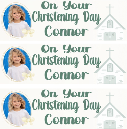 Personalised Christening Photo Banner Party Photo Banners & Posters - Eucalyptus - CreationPartyShop