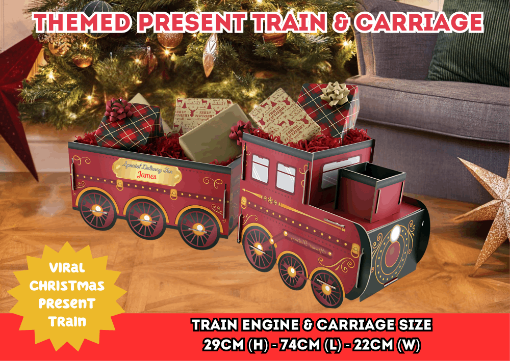 Christmas Train &amp; Carriage Gift Holder – Create festive magic with this 3D train-style gift holder featuring an engine and carriage sections, perfect for storing Christmas presents, sweets, or toys. Measuring approx. 74cm (L) x 22cm (W) x 29cm (H), it’s a standout Christmas display.