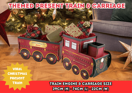 Christmas Train &amp; Carriage Gift Holder – Create festive magic with this 3D train-style gift holder featuring an engine and carriage sections, perfect for storing Christmas presents, sweets, or toys. Measuring approx. 74cm (L) x 22cm (W) x 29cm (H), it’s a standout Christmas display.