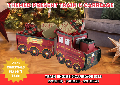 Christmas Train &amp; Carriage Gift Holder – Create festive magic with this 3D train-style gift holder featuring an engine and carriage sections, perfect for storing Christmas presents, sweets, or toys. Measuring approx. 74cm (L) x 22cm (W) x 29cm (H), it’s a standout Christmas display.