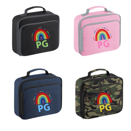 Four lunch bags in black, pink, blue, and camouflage with a rainbow and 'PG' logo.