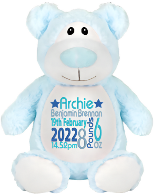 Personalised Cubbies Embroidery Blue Bear Teddy Bear - Live Preview