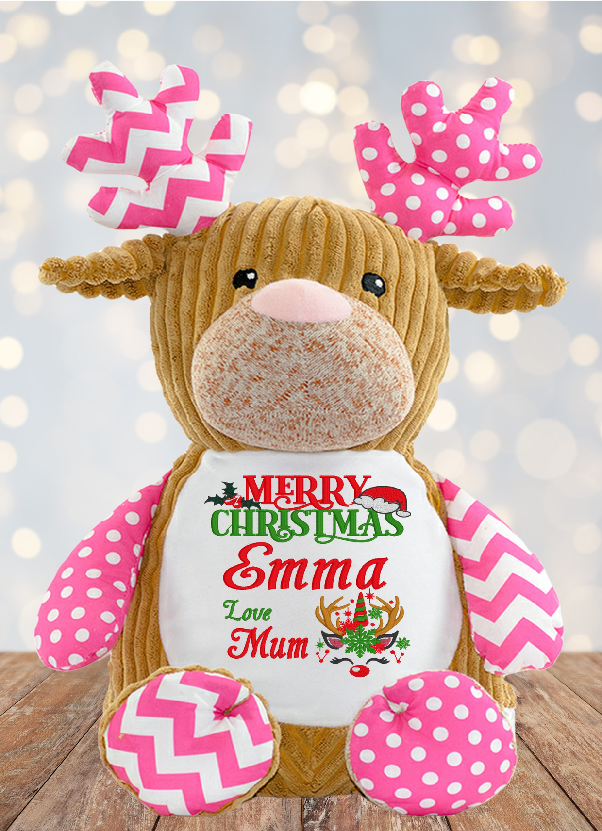 Cupcake the Pink Cubbies Reindeer Teddy Bear is sure to leave you and your loved ones smitten with its corduroy brown body, sweetly-decorated antlers, arms, and feet, and sweet black eyes. Make it truly unique with a personalised design and make those special moments even more unforgettable!

This gorgeously crafted 13" Cupcake Teddy can be taken apart with its zipper design - so it's easy to give them a wash in the machine before slumber party night! Make those Christmas gatherings extra snug and cosy