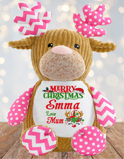 Personalised Embroidery Christmas Cubbies Pink Reindeer Teddy Bear