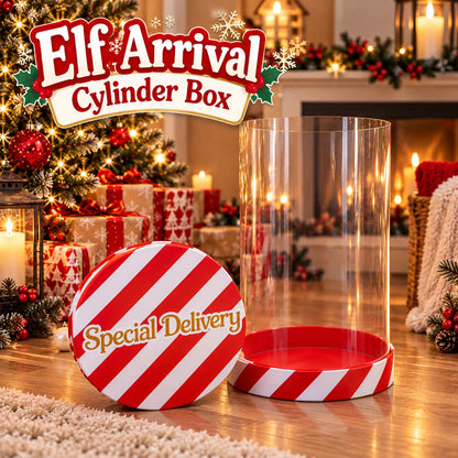 Elf Arrival Cylinder Box with red and white candy cane design and Special Delivery lid