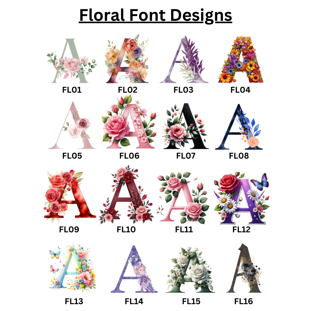 Various floral letter 'A' designs with different color schemes and styles.