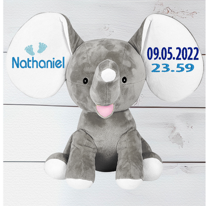 Personalised embroidery Dexter the grey elephant teddy bear with customizable designs and soft plush texture