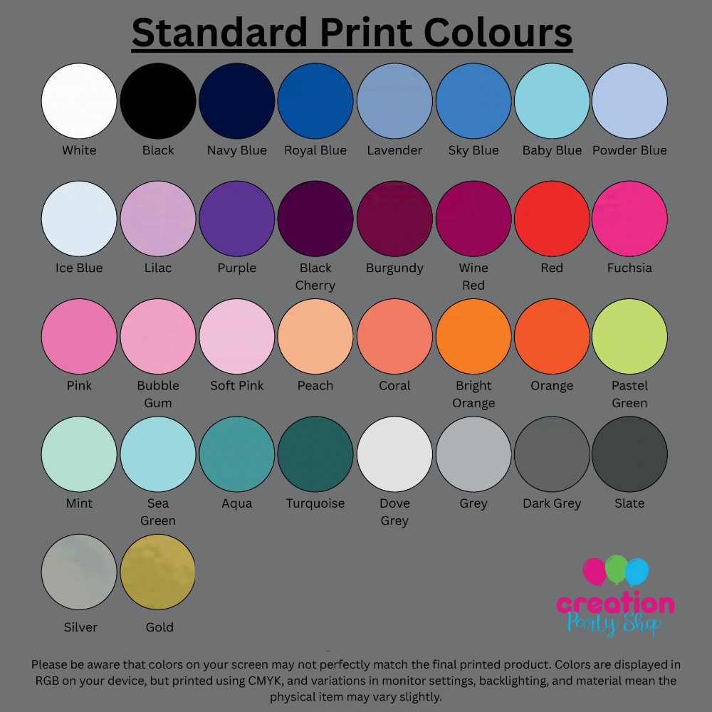 Color swatch chart for standard print colors with labels on a gray background