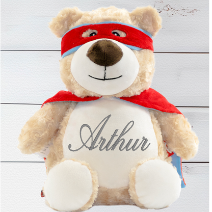 Cubbyford the Hero Bear is a versatile lil' pal! With his special zip design, his inside stuffing pods can be removed so you can safely clean him. Plus, Toss in some PJs and he's ready for a sleepover - no problemo! Cubbyford stands at a proud 13 inches. Personalise your teddy bear by selecting from one of our themed designs. 