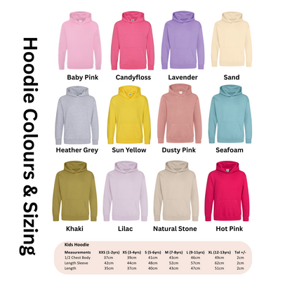 Chart showing various hoodie colors and sizing options with corresponding measurements.