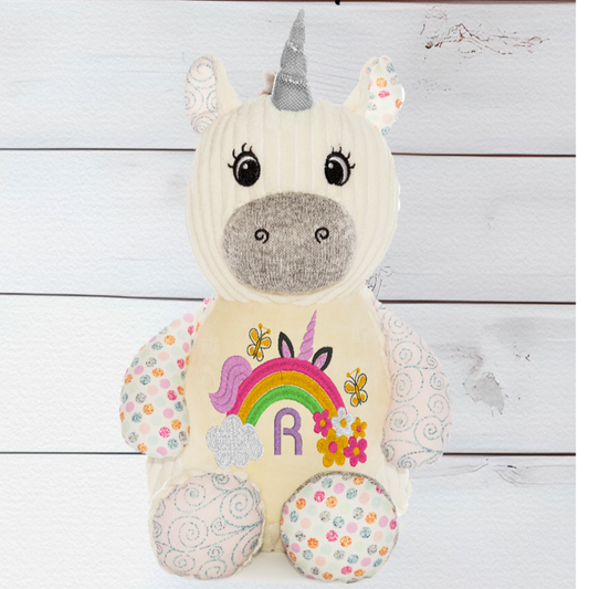 Starflower Icing Sugar the Unicorn has a unique zip design which enables you to remove the inside stuffing pods and safely wash. Starflower is Machine washable. You can also fill Starflower with PJs etc and use them for a sleep over.  Starflower Icing Sugar the Unicorn Bear is around 13 Inches in height.