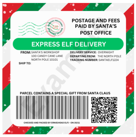 Enhance your elf arrival designs with the "Elf Express Delivery" sticker Label for a festive touch. You Simply personalise the "Ship To" section with a name and scan the QR code to receive a special Video message from Santa.

The labels are sized at 10cm by 10cm.