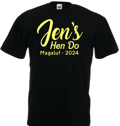 Get ready to party with our one-of-a-kind custom t-shirts for your hen do!&nbsp;Select from lots of The One Designs&nbsp;to make them truly yours. With 30 vibrant colour options up to size 5XL*, embrace the&nbsp;The One theme with or without the location and year for the perfect Hen Do celebration in style! And don't forget to check out our trendy glitter designs. Our 100% cotton t-shirts offer a comfortable classic fit."