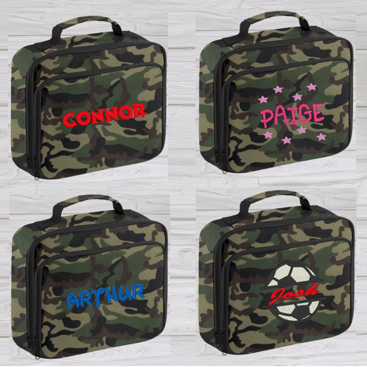Introducing the ultra-stylish, Personalised Lunch Box Cooler! It's the total package: Zippered front pocket for easy customization. Zippered main compartment. Fully insulated. Wipeable interior. Internal ID label.  Colour - Camouflage Adjustment handle from 7.5cm to 8cm. Reach certified. Dimensions 24 x 20 x 8cm. 3 litres.  Choose between 4 colours - Jet Black, Jungle Camo, Navy Blue, Pretty in Pink!  Personalisation comes complimentary - no extra cost!
