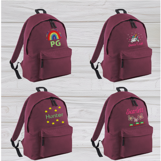 Personalised Junior Burgundy School Rucksack Backpack - Embroidery Designed - CreationPartyShop