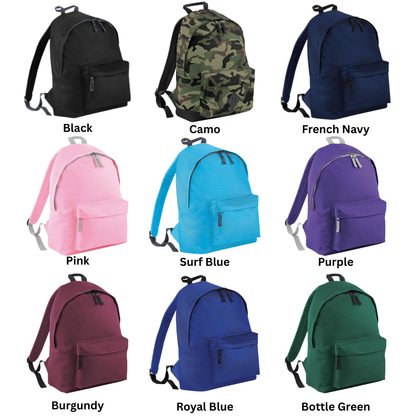 Collection of backpacks in various colors on a white background