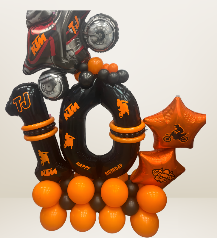 KTM themed balloon stack marquee themed around KTM motorbiking. Age 10 in orange, black colour balloons.